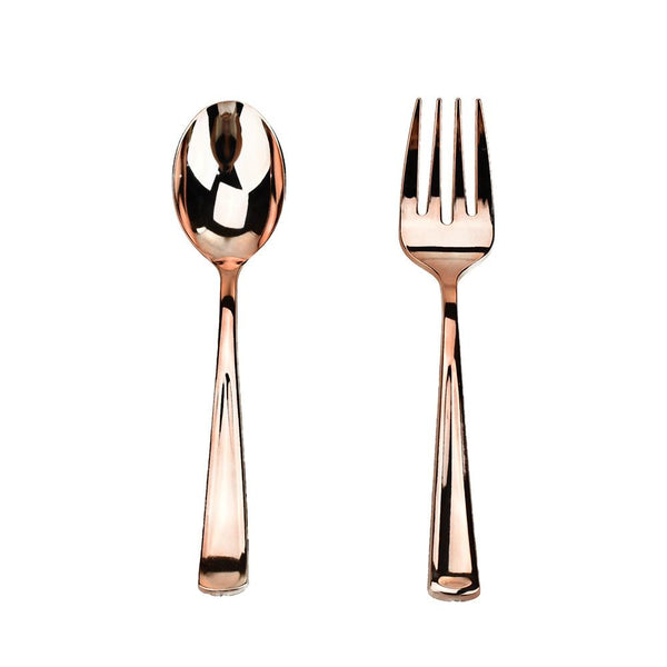 Disposable Party Serving Spoon and Fork, Rose Gold, 10-Inch, 2-Piece