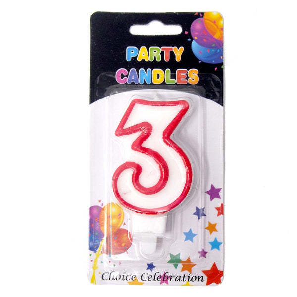 Number 3 Birthday Candle, White/Red, 2-1/2-Inch