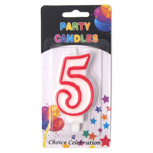 Number 5 Birthday Candle, White/Red, 2-1/2-Inch