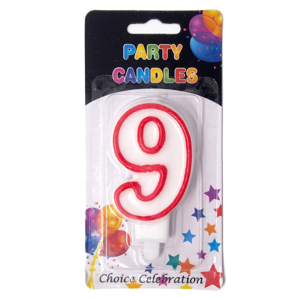 Number 9 Birthday Candle, White/Red, 2-1/2-Inch