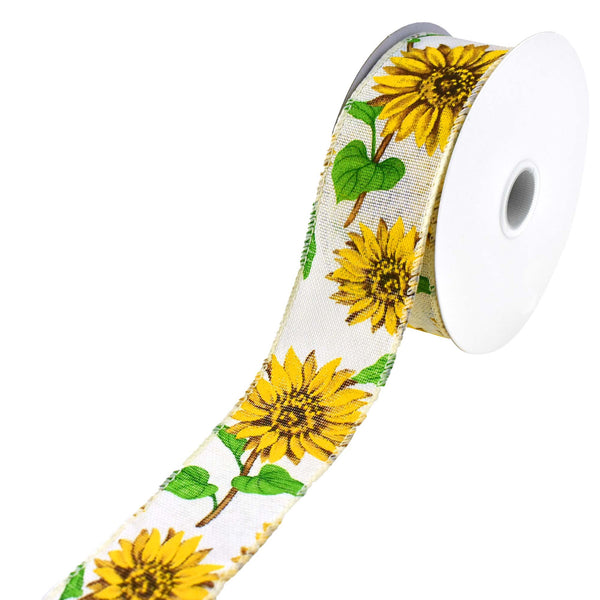 Sunflowers Faux Linen Wired Ribbon, 1-1/2-Inch, 10-Yard