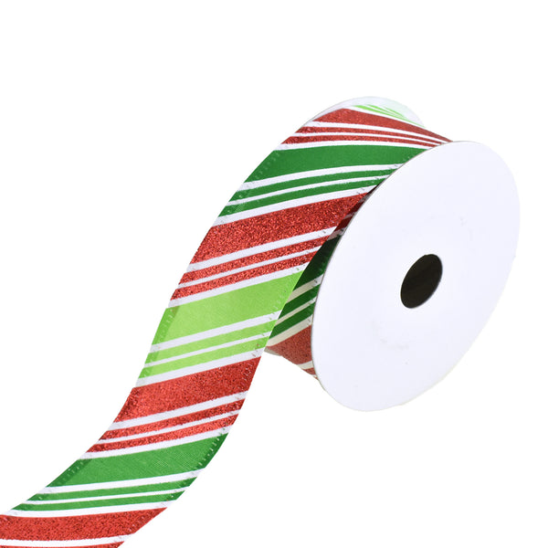 Christmas Glitter Candy Cane Stripes Wired Ribbon, 1-1/2-Inch, 10-Yard - Green/Red/White