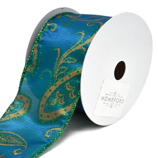 Paisley Iridescent Satin Wired Christmas Ribbon, Teal, 2-1/2-Inch, 10-Yard