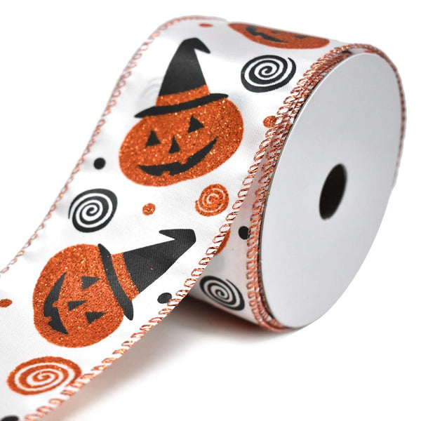 Glitter Jack-O-Lantern Satin Wired Ribbon, Orange/Black, 2-1/2-Inch