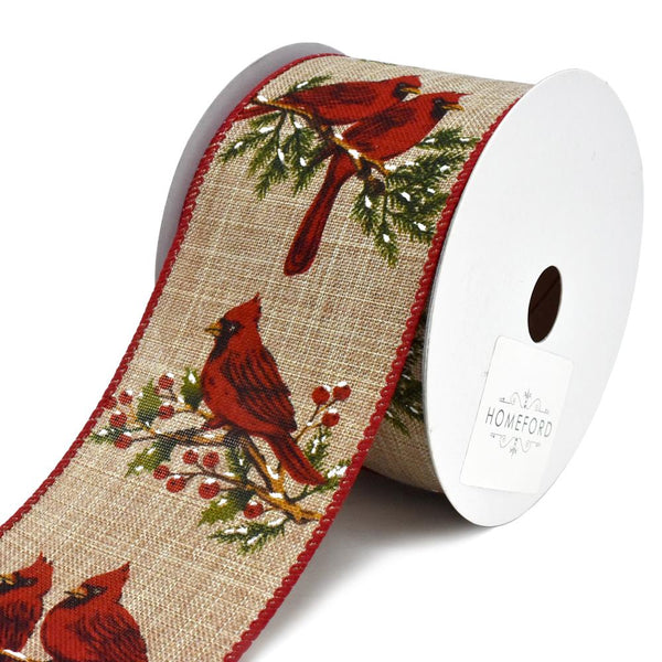 Linen Cardinal Perch on Berries Wired Christmas Ribbon, 2-1/2-Inch, 10-Yard