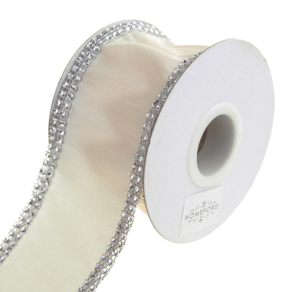 Acrylic Rhinestone Edge Wired Dupioni Ribbon, Ivory, 2-1/2-Inch, 5 Yards