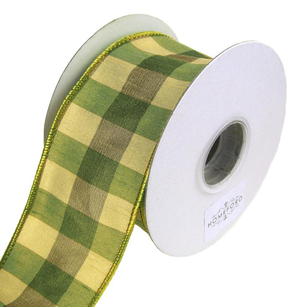 Checkered Silk Wired Edge Ribbon, Green, 2-1/2-Inch, 10 Yards