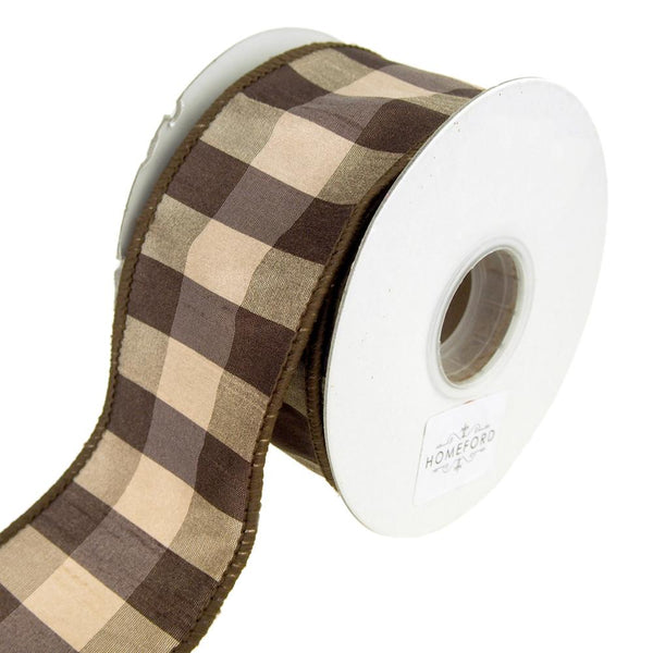 Checkered Silk Wired Edge Ribbon, Brown, 2-1/2-Inch, 10 Yards