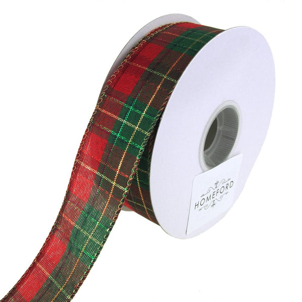 Scarlet Plaid Metallic Accent Wired Christmas Holiday Ribbon, 1-1/2-Inch, 20 Yards