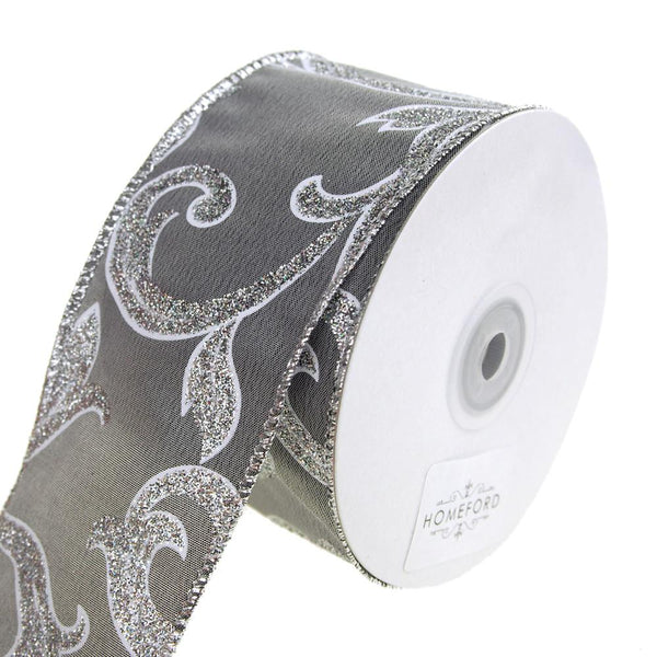 Joanne Glitter Scroll Wired Christmas Holiday Ribbon, Silver, 2-1/2-Inch, 20 Yards