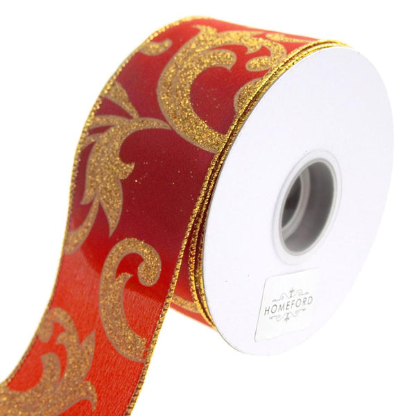 Joanne Glitter Scroll Wired Christmas Holiday Ribbon, Red/Gold, 2-1/2-Inch, 20 Yards