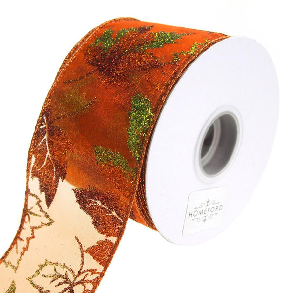 Glitter Leaves Sheer Organza Wired Ribbon, Orange, 2-1/2-Inch, 10 Yards