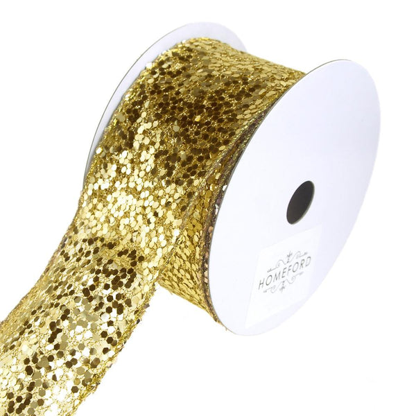 Sequin Glitter Web Wired Christmas Holiday Ribbon, Gold, 2-1/2-Inch, 10 Yards