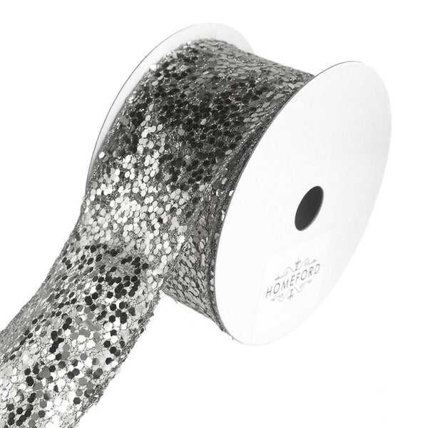 Sequin Glitter Web Wired Christmas Holiday Ribbon, Silver, 2-1/2-Inch, 10 Yards