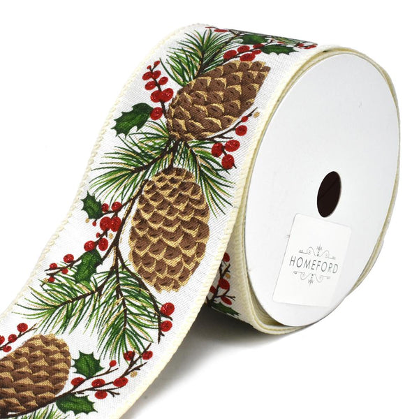 Pinecone Holly Berries Linen Wired Christmas Ribbon, 2-1/2-Inch, 10-Yard