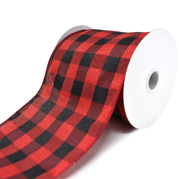 Buffalo Plaid Twill Wired Edge Christmas Ribbon, Red/Black, 4-Inch, 10-Yard