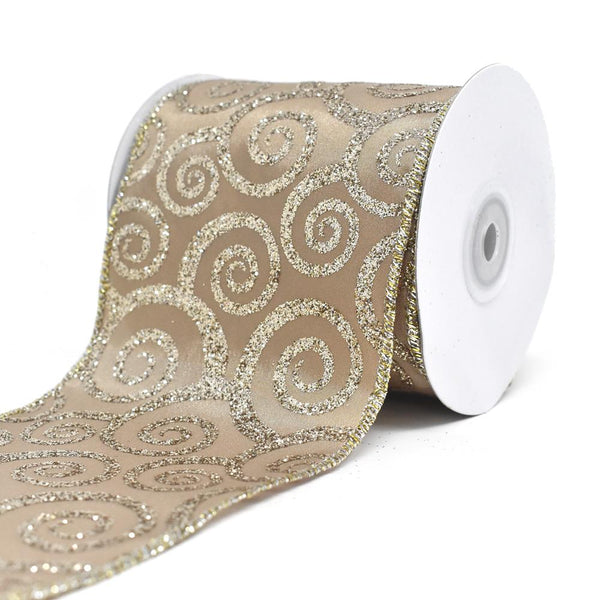 Glitter Swirl Taffeta Wired Edge Christmas Ribbon, Champagne, 4-Inch, 10-Yard