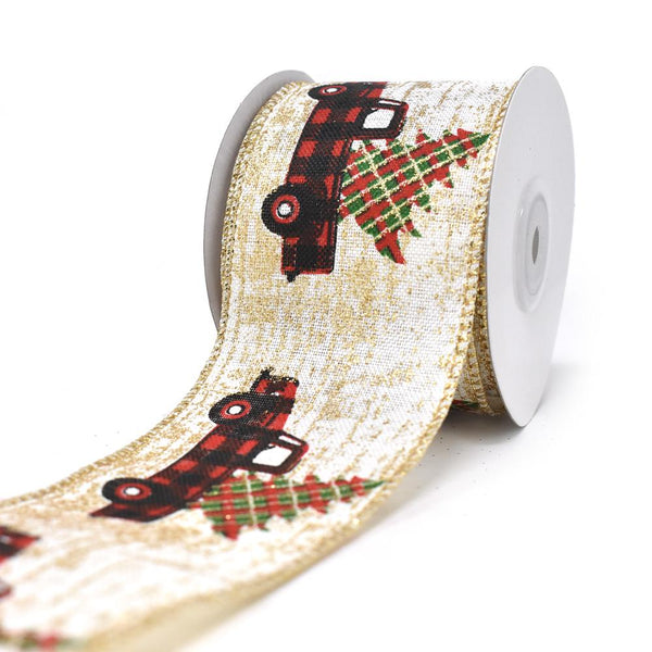 Tree in Truck Wired Edge Christmas Ribbon, Ivory, 2-1/2-Inch, 10-Yard