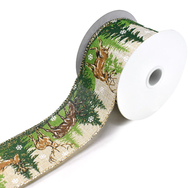 Scenic Deer Linen Wired Edge Christmas Ribbon, Natural, 2-1/2-Inch, 10-Yard