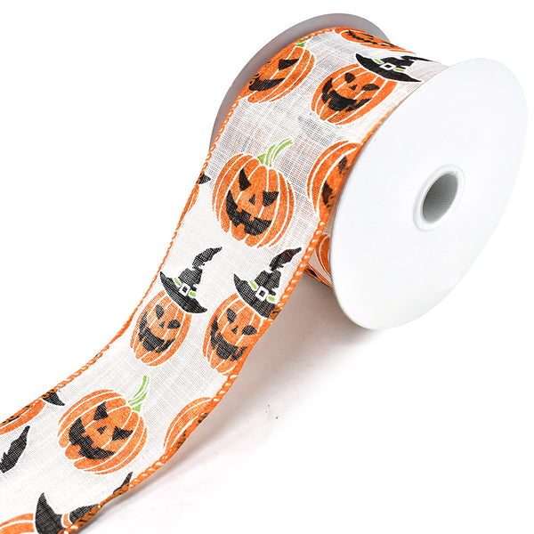 Jack-O-Lantern Linen Wired Edge Halloween Ribbon, White, 2-1/2-Inch, 10-Yard