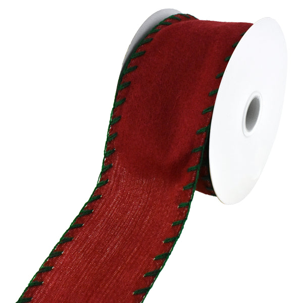 Christmas Felt Stitched Edge Wired Ribbon, 2-1/2-Inch, 10-Yard