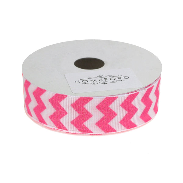 Sugar Chevron White Grosgrain Ribbon, 7/8-Inch, 4 Yards, Shocking Pink