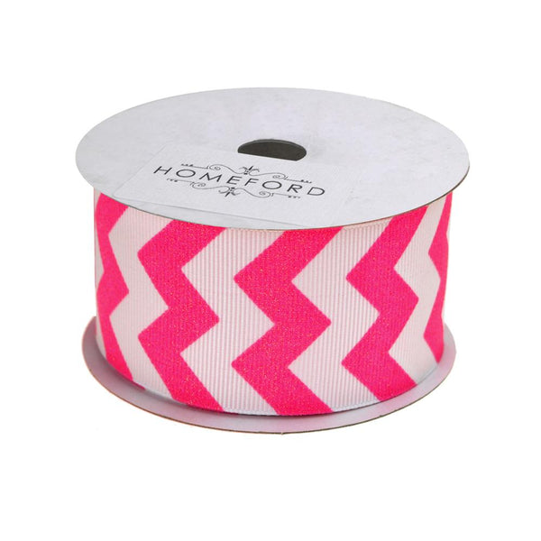 Sugar Chevron White Grosgrain Ribbon, 1-1/2-Inch, 3 Yards, Shocking Pink