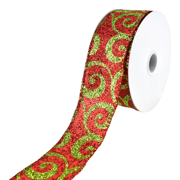 Christmas Groovy Glitter Swirls Wired Ribbon, 1-1/2-Inch, 10-Yard