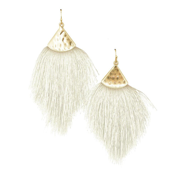 Tassel Drop Earrings with Hammered Metal, Ivory, 3-1/4-Inch