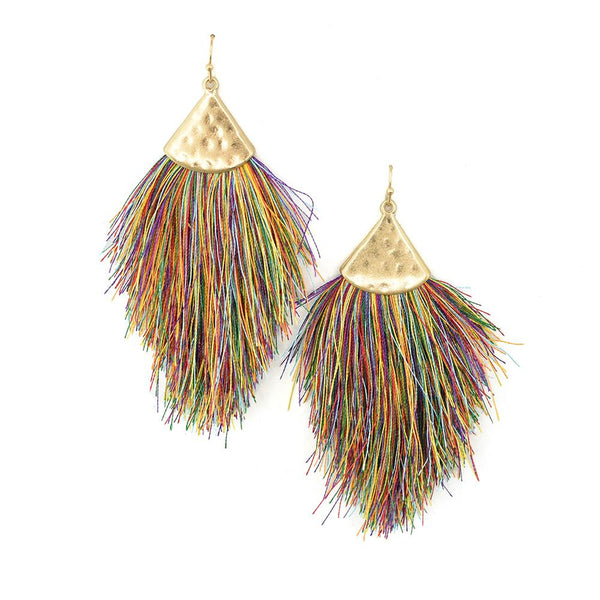 Tassel Drop Earrings with Hammered Metal, Multicolor, 3-1/4-Inch