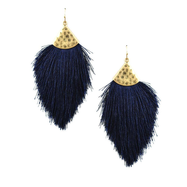 Tassel Drop Earrings with Hammered Metal, Navy, 3-1/4-Inch