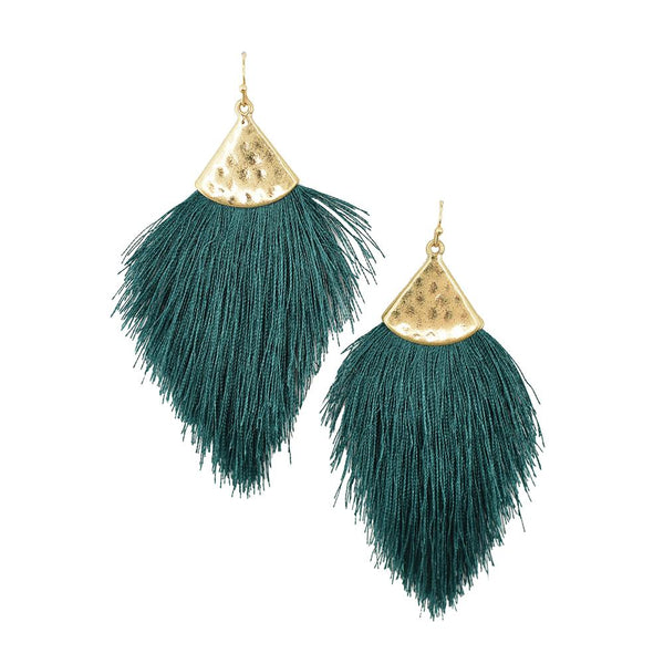 Tassel Drop Earrings with Hammered Metal, Teal, 3-1/4-Inch