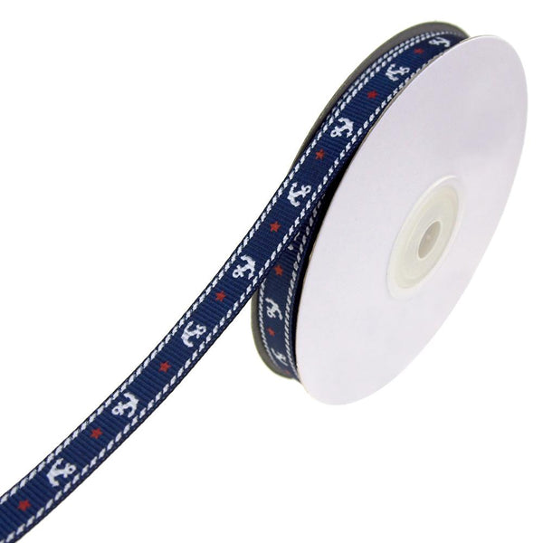 Nautical Anchor and Star Grosgrain Ribbon, Navy, 3/8-Inch, 25-Yard