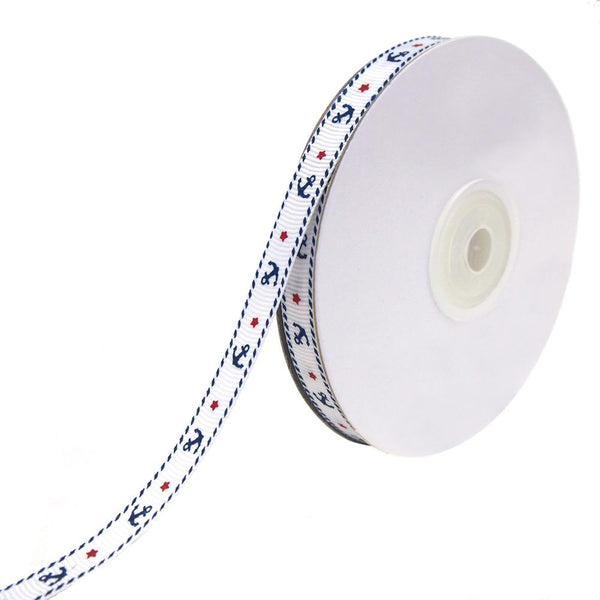 Nautical Anchor and Star Grosgrain Ribbon, White, 3/8-Inch, 25-Yard