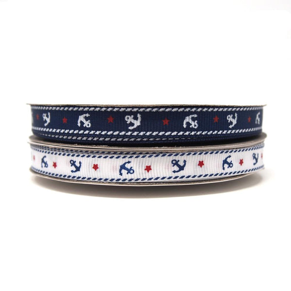 Nautical Anchor and Star Grosgrain Ribbon, 3/8-Inch, 25-Yard