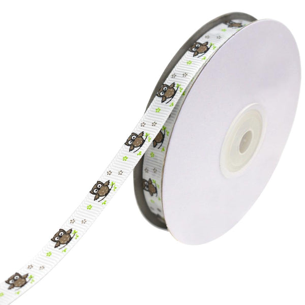 Floral Owl on Branch Grosgrain Ribbon, Brown, 3/8-Inch, 25-Yard