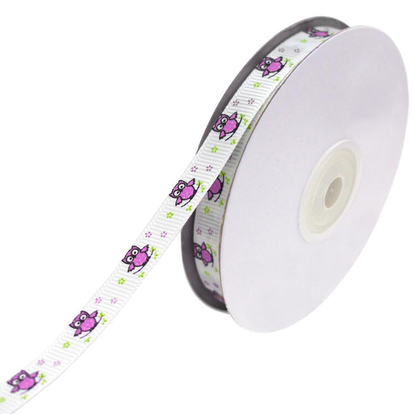 Floral Owl on Branch Grosgrain Ribbon, Fuchsia, 3/8-Inch, 25-Yard