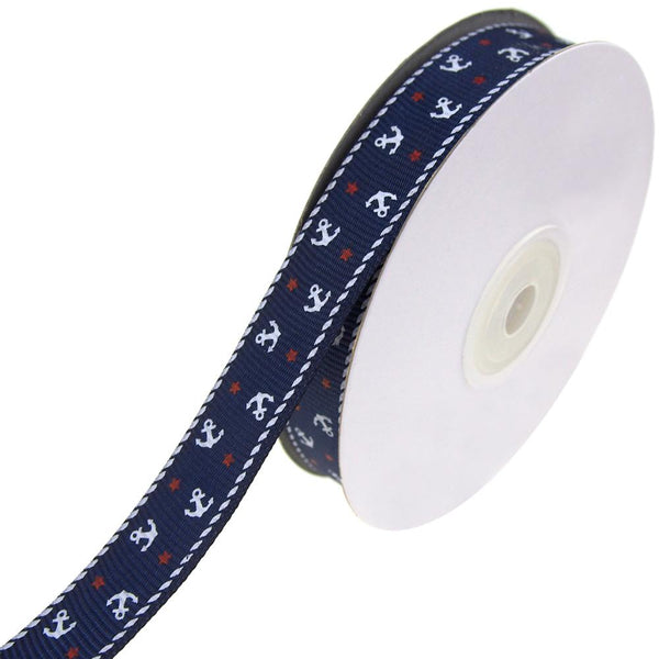 Nautical Anchor and Star Grosgrain Ribbon, Navy, 5/8-Inch, 25-Yard