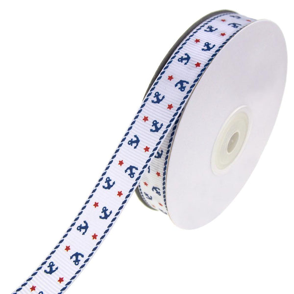 Nautical Anchor and Star Grosgrain Ribbon, White, 7/8-Inch, 25-Yard