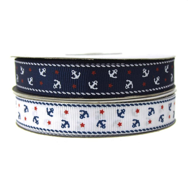 Nautical Anchor and Star Grosgrain Ribbon, 5/8-Inch, 25-Yard