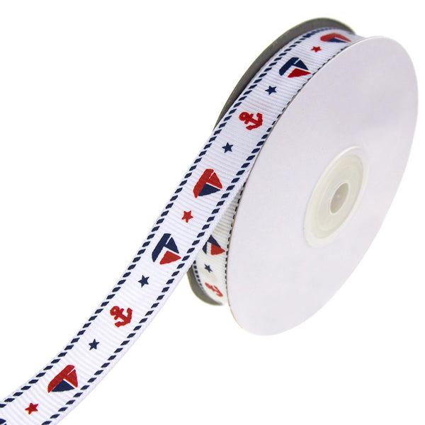 Nautical Sailboat Anchor Grosgrain Ribbon, White, 5/8-Inch, 25-Yard