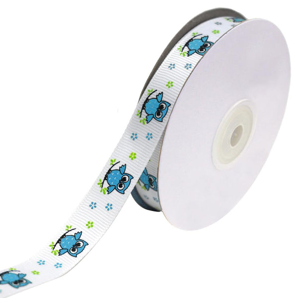 Floral Owl on Branch Grosgrain Ribbon, Turquoise, 5/8-Inch, 25-Yard