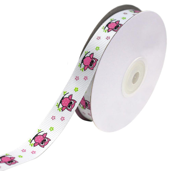 Floral Owl on Branch Grosgrain Ribbon, Fuchsia, 5/8-Inch, 25-Yard