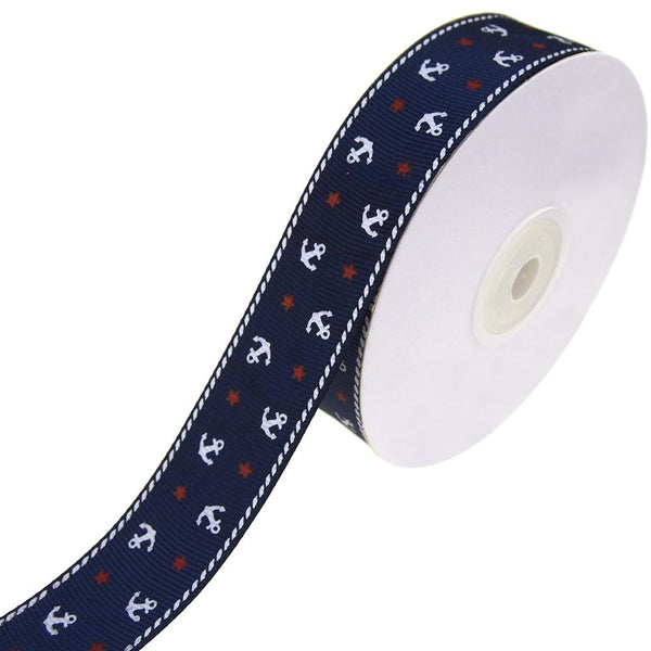 Nautical Anchor and Star Grosgrain Ribbon, Navy, 7/8-Inch, 25-Yard