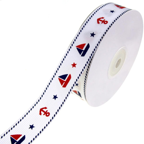 Nautical Sailboat Anchor Grosgrain Ribbon, White, 7/8-Inch, 25-Yard