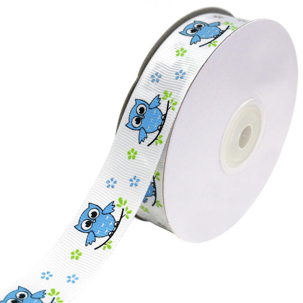 Floral Owl on Branch Grosgrain Ribbon, Turquoise, 7/8-Inch, 25-Yard