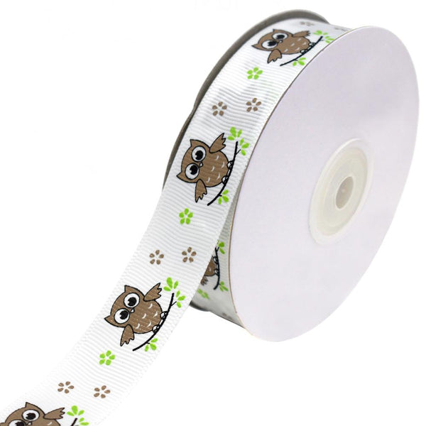 Floral Owl on Branch Grosgrain Ribbon, Brown, 7/8-Inch, 25-Yard