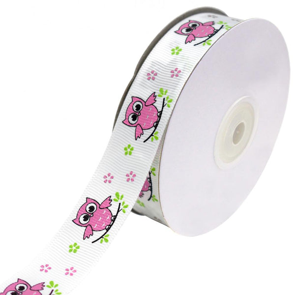 Floral Owl on Branch Grosgrain Ribbon, Fuchsia, 7/8-Inch, 25-Yard