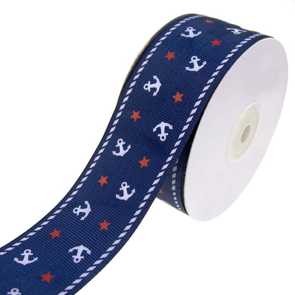 Nautical Anchor and Star Grosgrain Ribbon, Navy, 1-1/2-Inch, 25-Yard