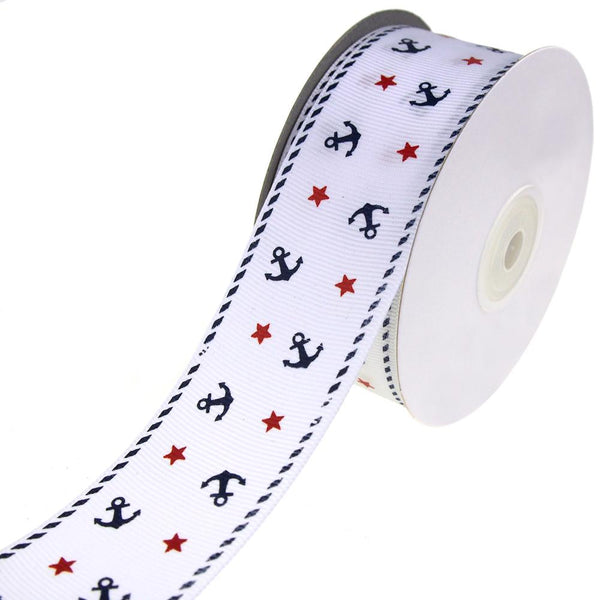 Nautical Anchor and Star Grosgrain Ribbon, White, 1-1/2-Inch, 25-Yard